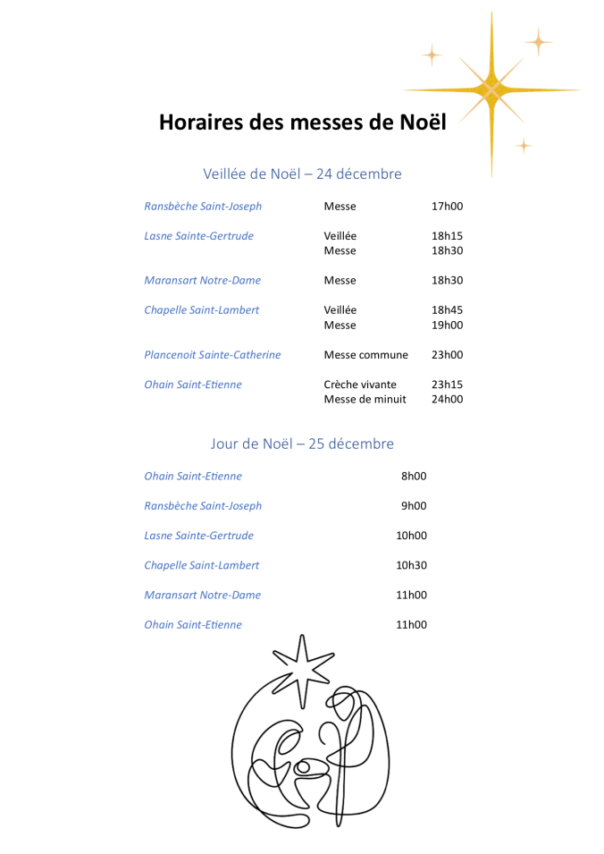 Horaires des messes de Noël 2024 des paroisses de l'UP de Lasne