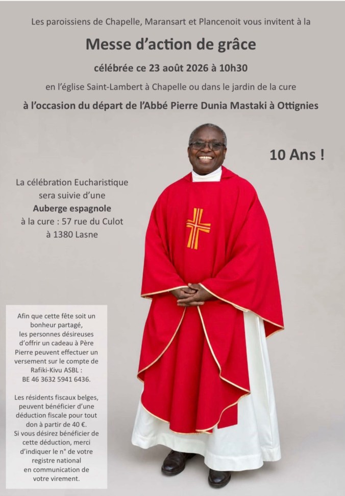 Invitation à la Messe de départ de père Pierre le 23 août à 10h30 à l'église St-Lambert de Lasne-Chapelle
